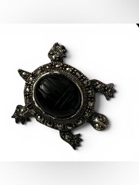 Vintage Sterling Silver 925 Black Scarab Bead Marcasite Turtle Brooch